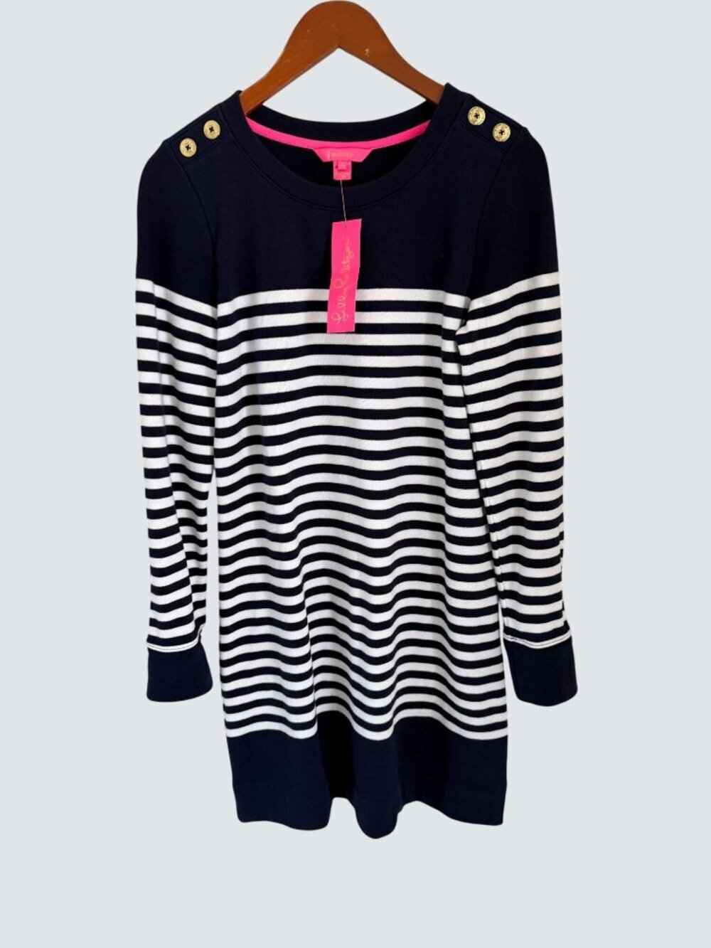 Lilly Pulitzer Navy & White Striped Sweater Dress W/ Gold Button Accents Size M